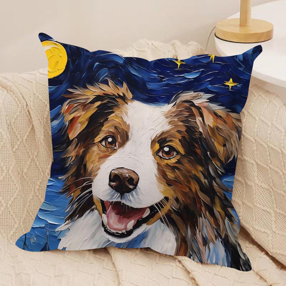 Cartoon Sternenhimmel Hund Kissenbezug Seidiger Kurzer Plüsch Doppelseitig Bedruckter Kissenbezug für Sofa Alle Jahreszeiten Heimdekoration Geschenk