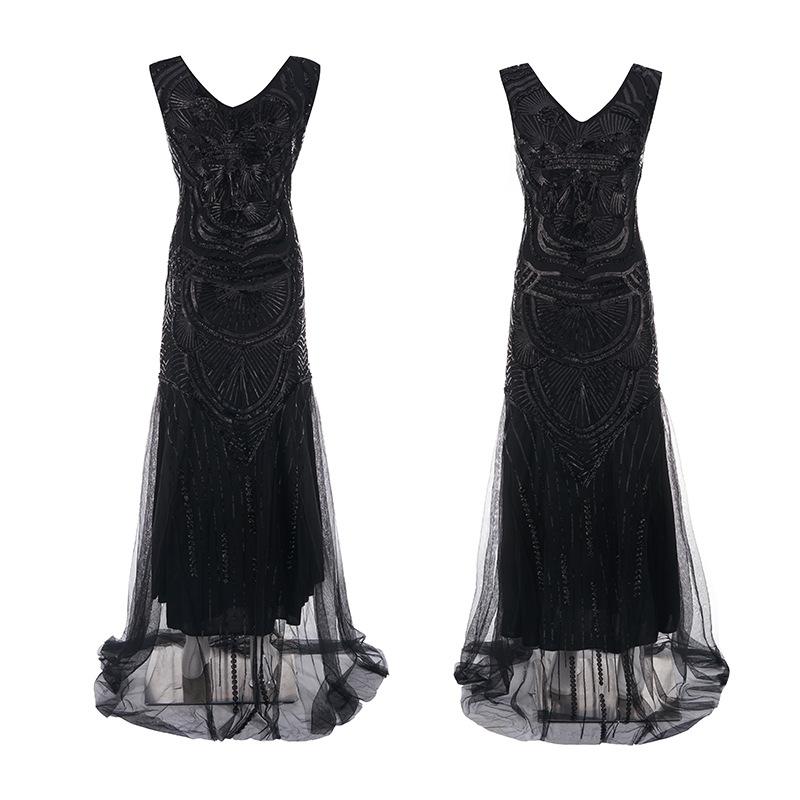 Popular retro dress bridesmaid beaded mesh sequined evening dress European and American wedding dress long dress
