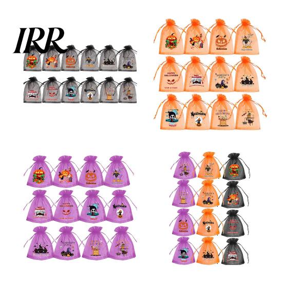 Halloween Treat Pouch 12 Pcs Organza Candy Bag, Drawstring with Pumpkin Ghost Bat Print Bag Print, Sheer Favor for Party Snacks, Trick or Gift