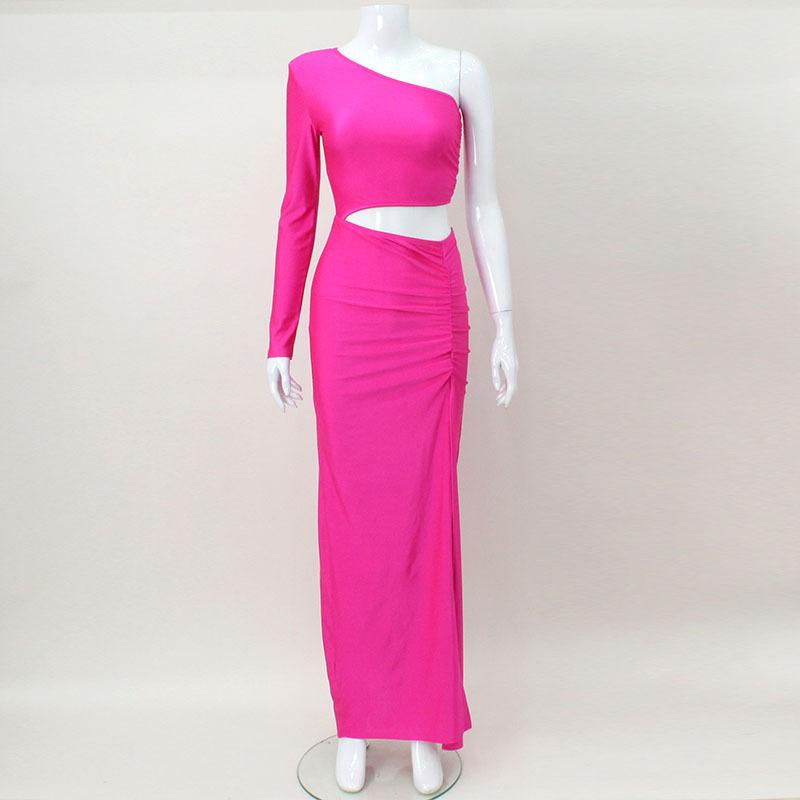 Rochie de damă Personality Create Culoare uni Umăr oblic strălucitor Cu o singură mânecă Crop Pliuri Split Cină Rochie temperament