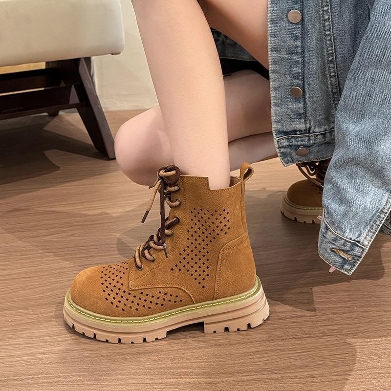 Brown thick-soled rhubarb boots women's 2025 summer new inner heightening hollow Martin boots short boots western cowboy boots