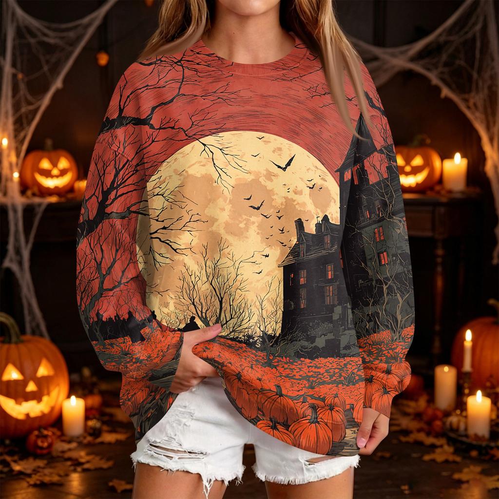Women's Fashion Casual Halloween Print Round Neck Sweatshirt