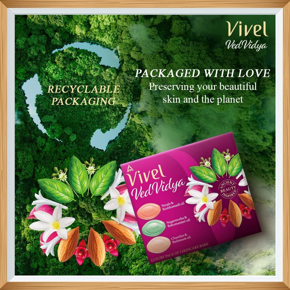 Vivel VedVidya Luxus-Packung mit 3 Hautpflegeseifen für weiche, gleichmäßig getönte, klare, strahlende und strahlende Haut, geeignet für alle Hauttypen, 100 g Packung mit 3 Stück