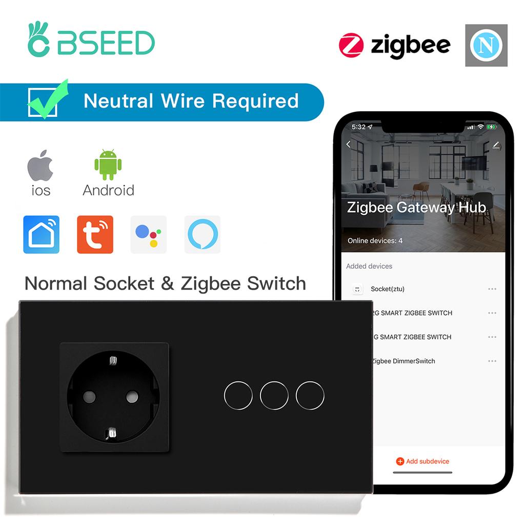 BSEED 1/2/3Gang Zigbee Wall Touch Switches Plus EU Sockets Double Triple Light Switches Tuya Smart Life App Neutral Required