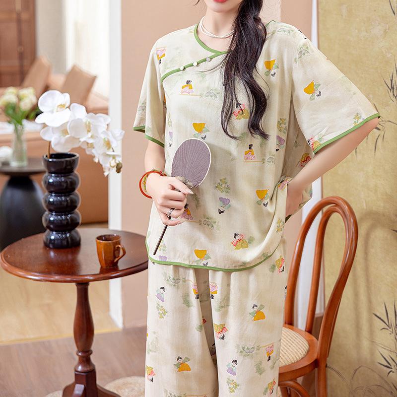 New pajamas women's summer cotton silk retro style women's new Chinese hanfu mother cotton silk loungewear large size