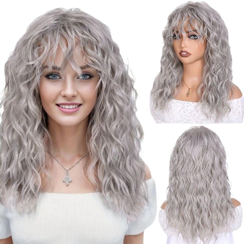 

Синтетический парик натурального коричневого цвета, длинные вьющиеся волосы, повседневный многослойный парик с челкой, подарок, наряды, парики для костюмированной вечеринки серый