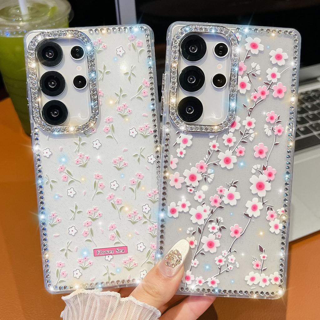 Samsung S25Ultra Mobile Phone Case Flash Drill S24FE Flower One Line Mirror Bracket A36 Protective Cover