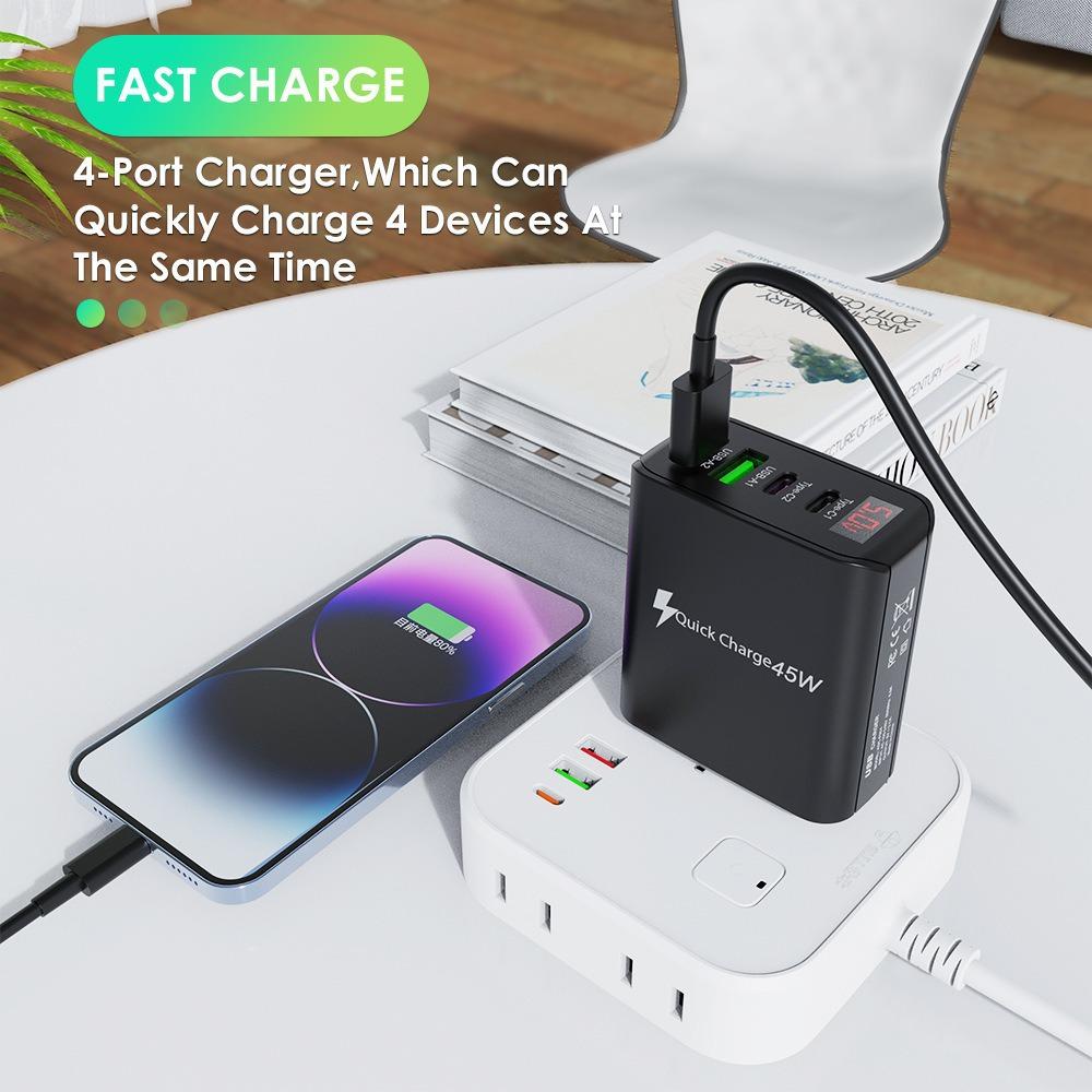 45W Multi-Port Charger with Digital Display - Fast Charging for EU/US/UK Mobile Devices