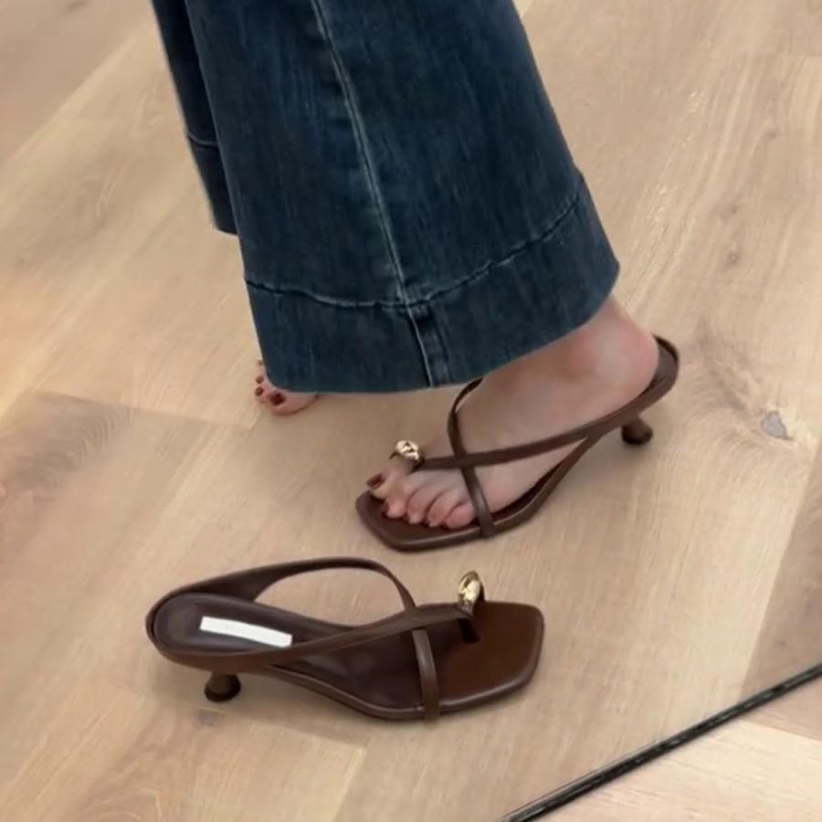 Blue Cabinet Edition~ French Temperament Metal Buckle Sleeve Toe High Heel Sandals Women's One Word with Cool Slippers Wear Roman Slippers