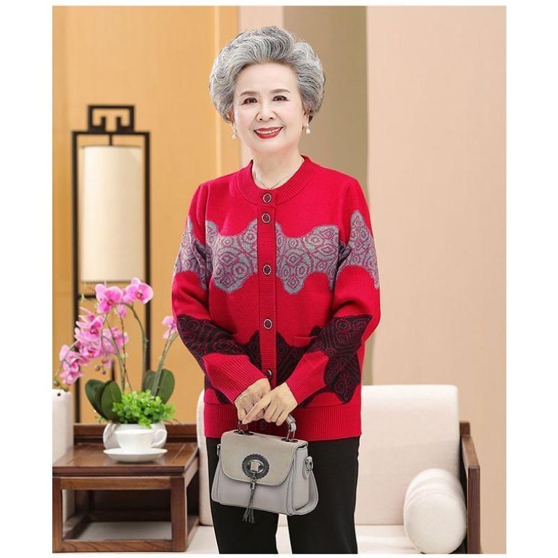 Women's New Stitched Round Neck Button Print Fashion Loose Versatile Casual Long Sleeve Knitted Cardigan