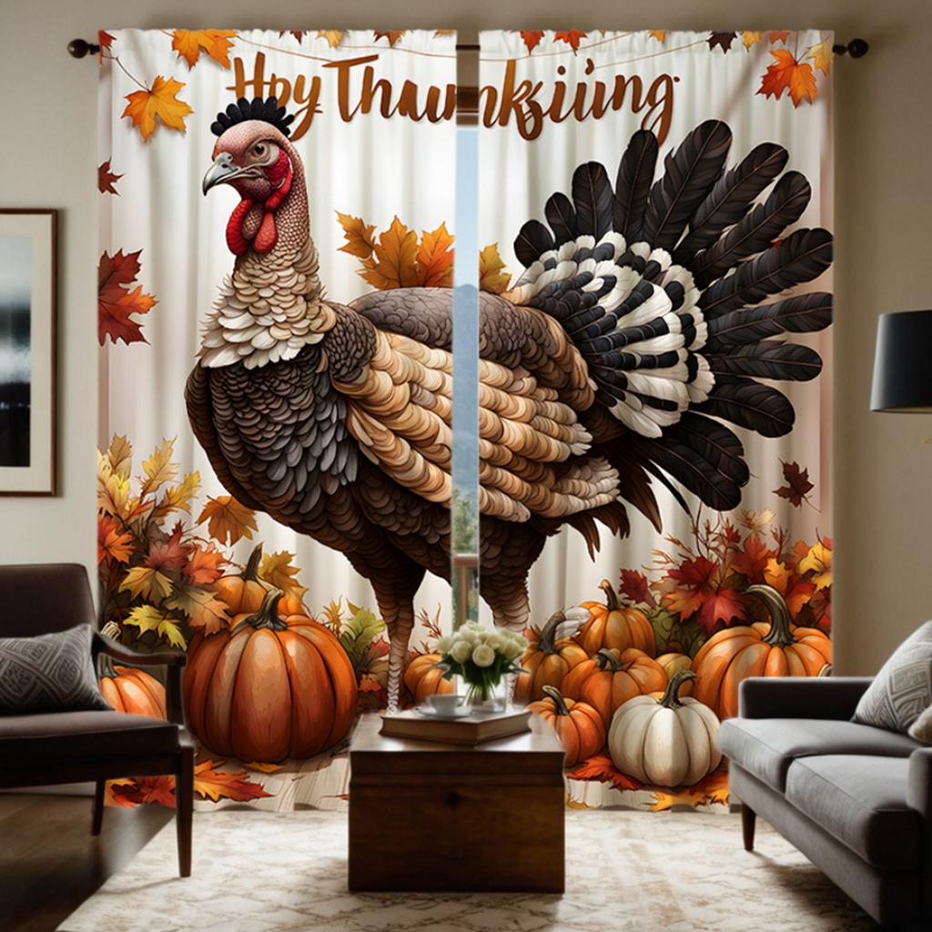 2pcs Set HD Thanksgiving Turkey Pumpkin Maple Leaf Decorative Curtain Yellow Tie Digital Printed Curtain Home Decor Styl