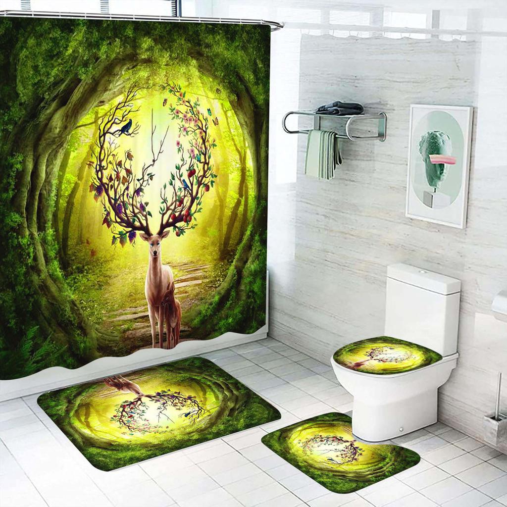 Cartoon Deer Animal Giraffe Shower Curtain Bath 4 Pcs Set Cute Luxury Accessories Sets Full Mats Gifts for Boys Girls
