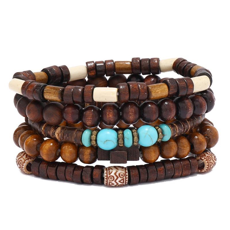 Hot-selling Handmade Beaded Bracelet Men's Retro Fashion Turquoise Cross Five-piece Bracelet Set