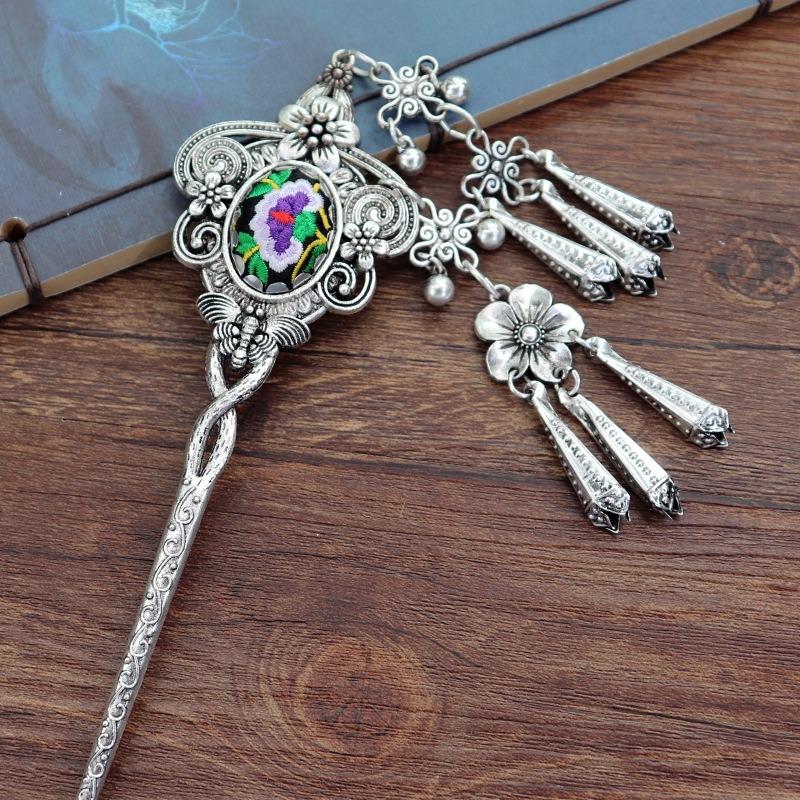Vintage embroidery earrings hairpin classical temperament Miao peacock flower fringed earrings hair accessories set women