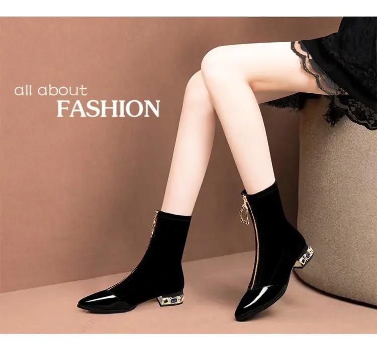 Fashion Pointed Toe Rhinestone Zipper Fashion Boots Fashion High Heel Stretch Boots Black Patent Leather Warm Shoes Casual Botas Mujer