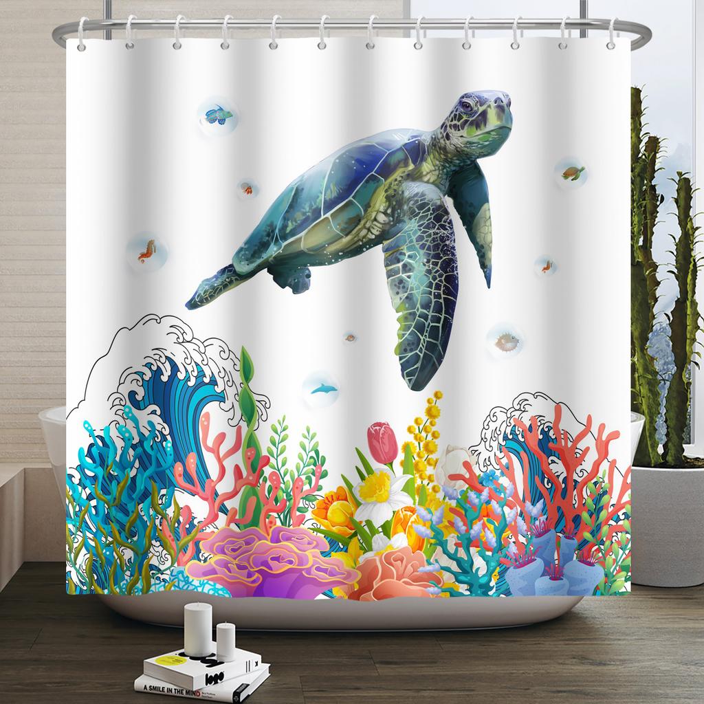 Underwater World Ocean Shower Curtain for Bathroom Seabed Animals Sea Turtle Dolphin Fish Waterproof Bathroom Curtain With Hooks