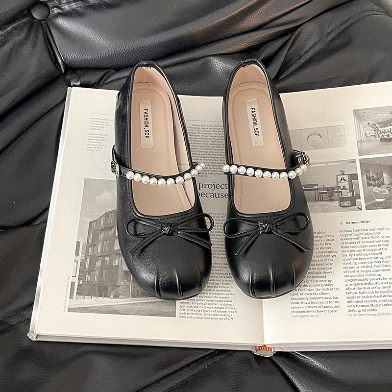 Summer pearl one-word strap single shoes new retro temperament versatile bow Mary Jane shoes women