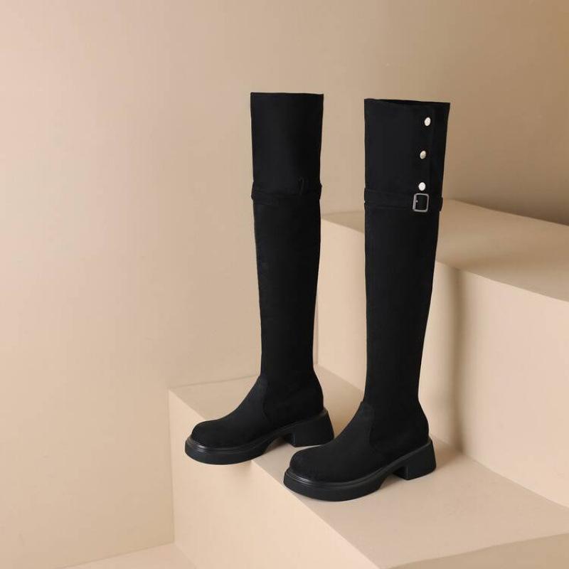 

Женские сапоги-чулки до колена на осень и зиму, однотонные, замшевые, на резиновой подошве, большого размера, женские сапоги, корейская версия, средний каблук, квадратный носок, Мар 39 чёрный