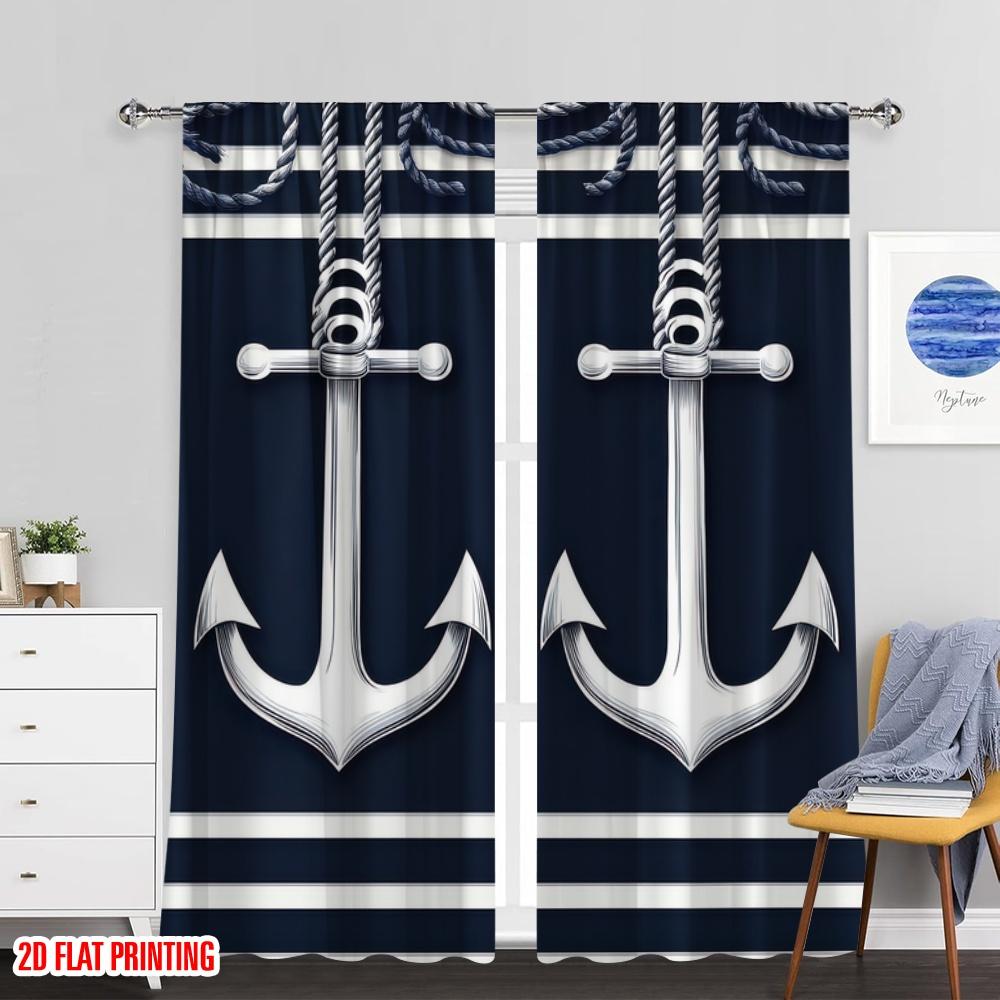 Set Of 2 Flat Printing Curtainnautical Anchor Versatile Fabric Without Electricity Party Decorations Suitable Carnival Decor Curtain Polyester