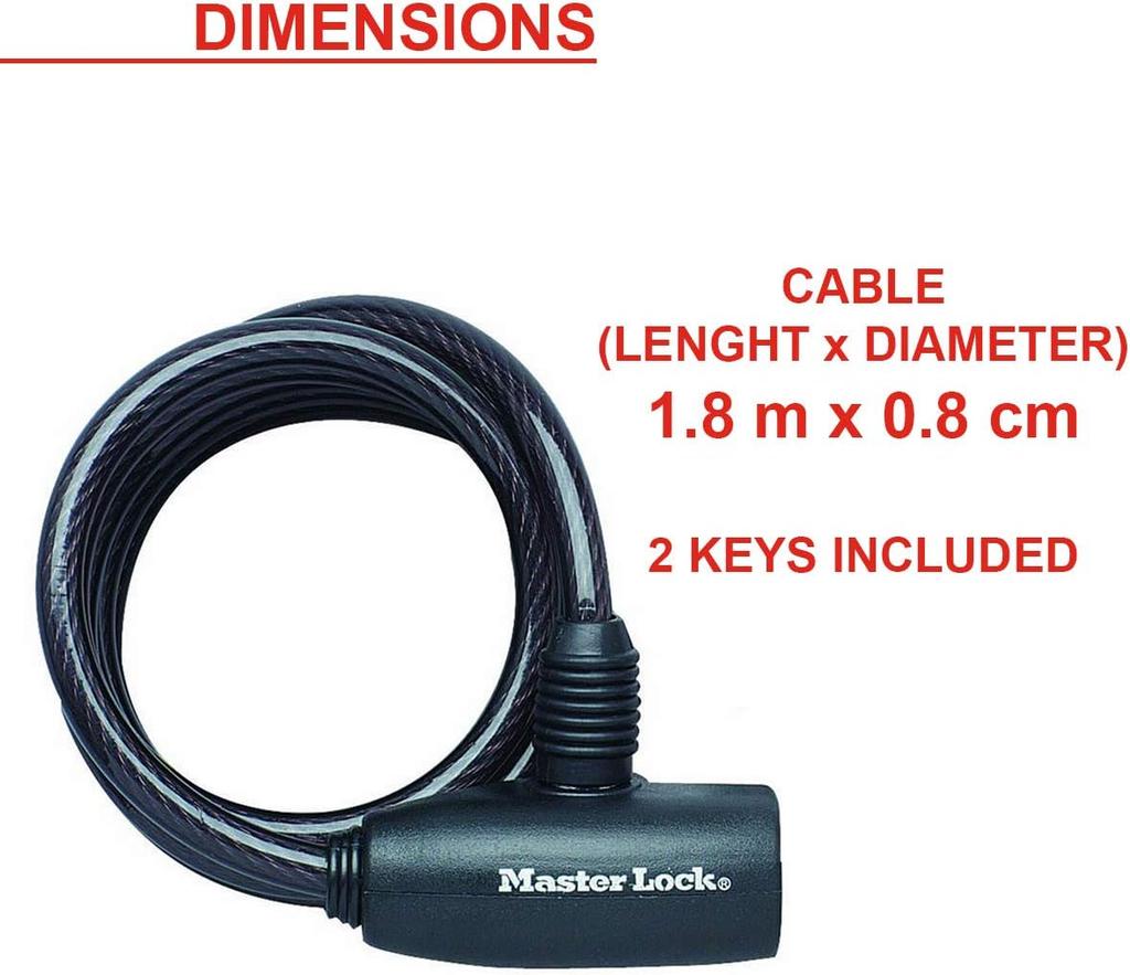 Master Lock Cable Bike Lock with Key, 1.8m Coiled Cable