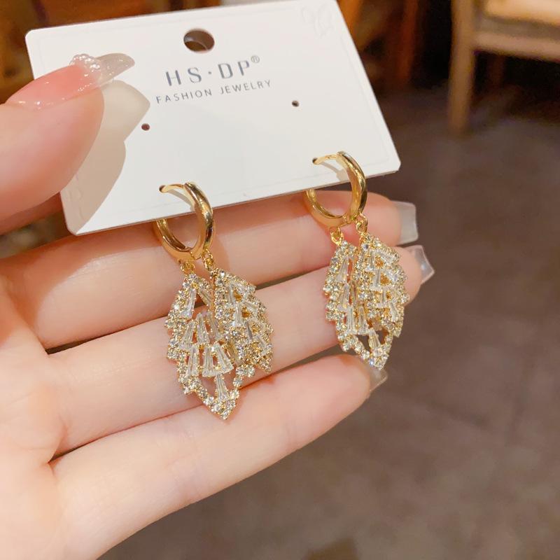 Cercei Luxury cu Ciucuri Frunze cu Diamante Mici Pavate Complet - Cercei Exquiși, Strălucitori, de Modă High-End