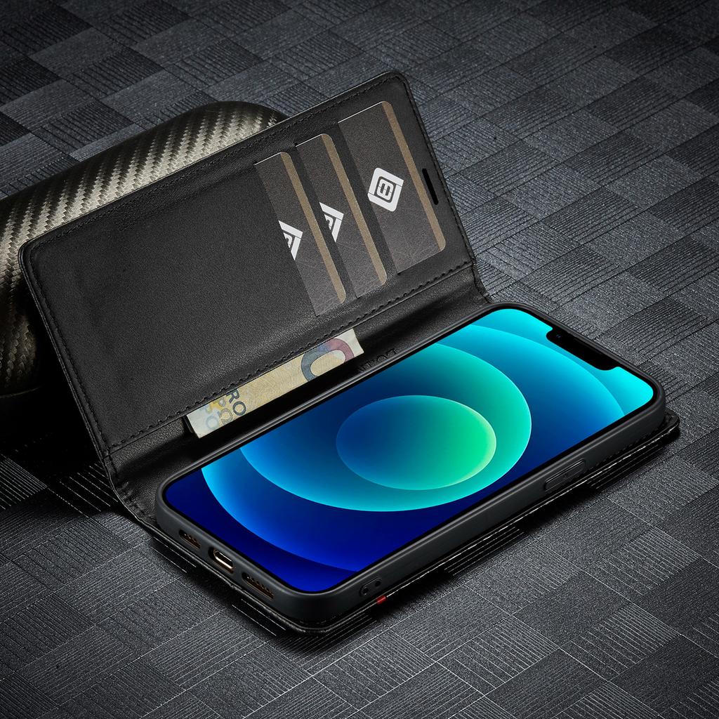 LC.IMEEKE For iPhone 15 Scratch Resistant Leather Stand Cover Carbon Fiber Texture Wallet Phone Case