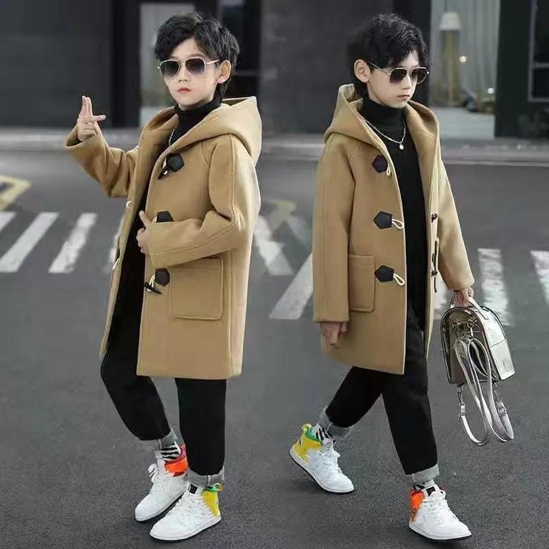 Boys Fall and Winter Thickened Tweed Coat Middle and Large Children Long-sleeved Hooded Jacket