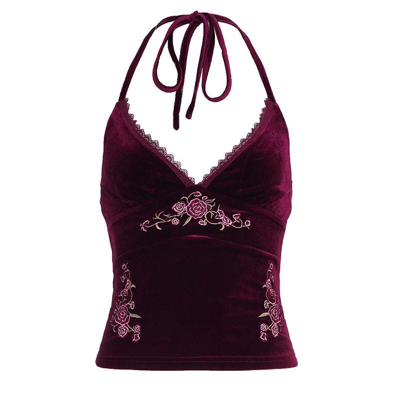 American Retro Slim-Fit Lace V-Neck Floral Embroidery Halter Top Sexy Backless Slimming Camisole Red S