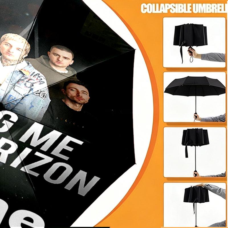 Custom Name Personalized Bring Me the Horizon Print Umbrella, Auto Open Close, 8‑Rib Sturdy Frame, Commute Camping Hiking Use, Birthday Gift