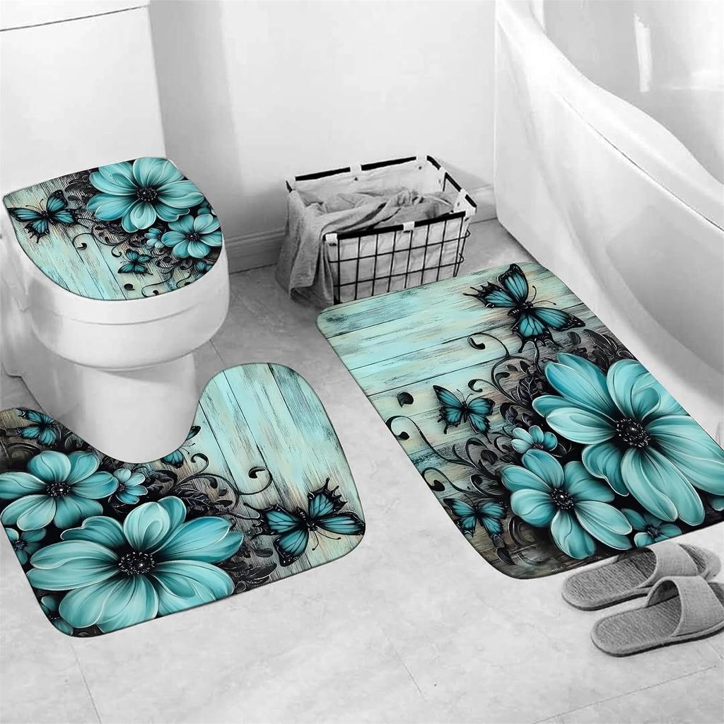 4Pcs Shower Curtain Set with Non-Slip Bath Mat, Toilet Lid Cover, Contour Rug & 12 Hooks, Bathroom