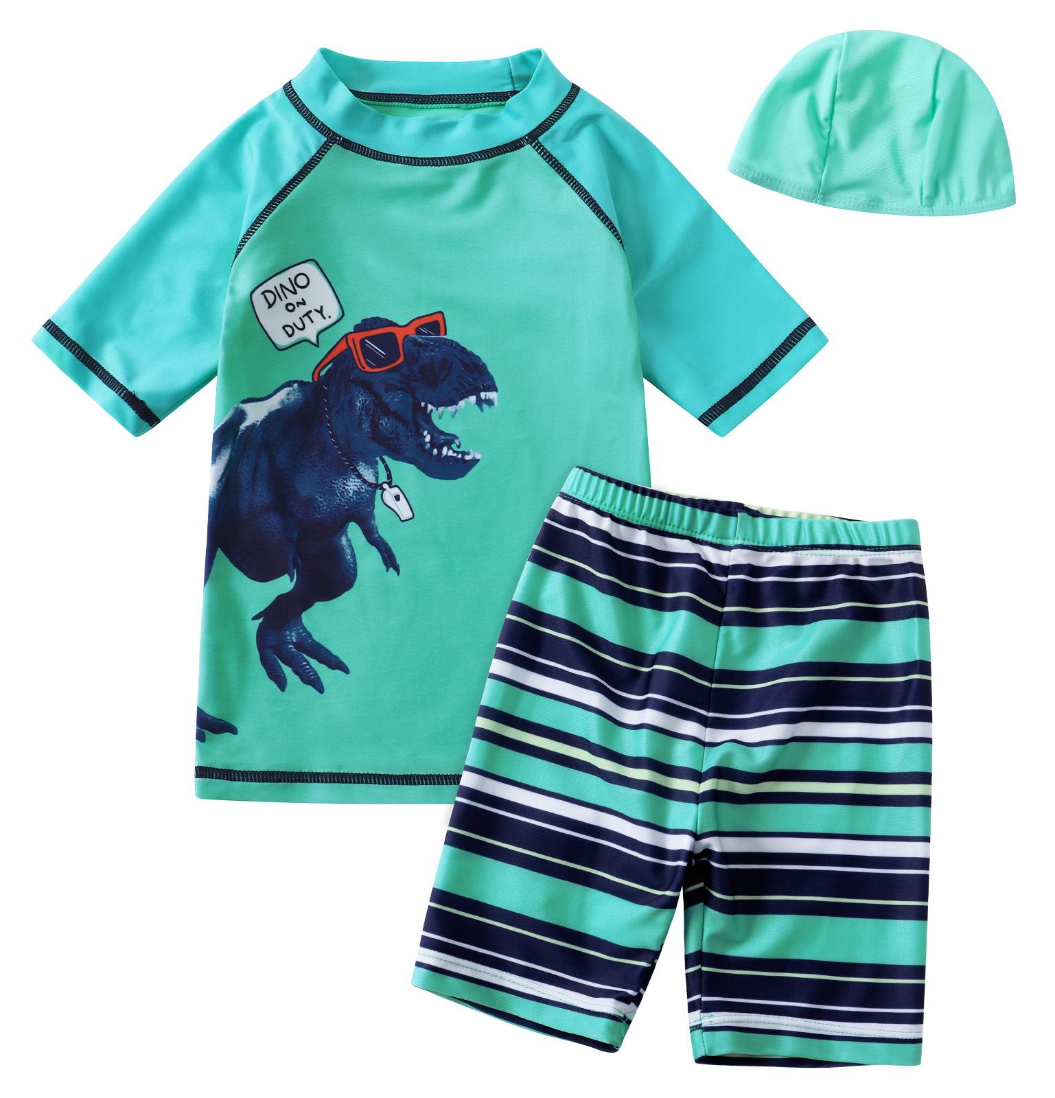

European & American Boys Dinosaur Print Quick-Dry Sun Protection Swimsuit Set (Swim Shorts + Two Tops) M#Height 90cm