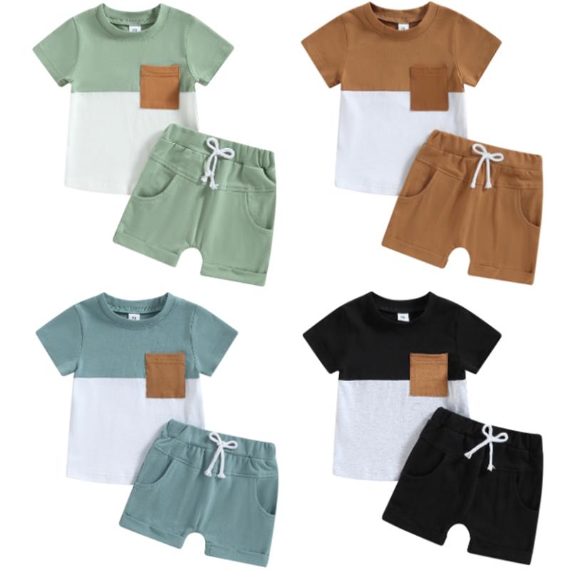 Baby Boys Summer Clothing Sets Short Sleeve Contrast Color Tops + Solid Color Drawstring Shorts 2pcs Outfit