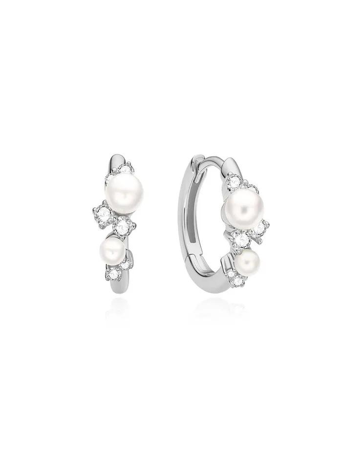Silver Shell Pearl Cluster 925 Silver Hunger Hoop Earrings E074-05H.