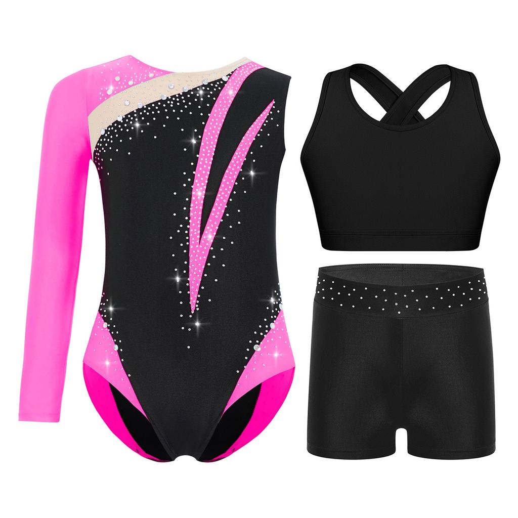 Girls Gymnastics Dance Outfit Shiny Rhinestones Color Block Asymmetrical Leotard Cross Back Keyhole Vest