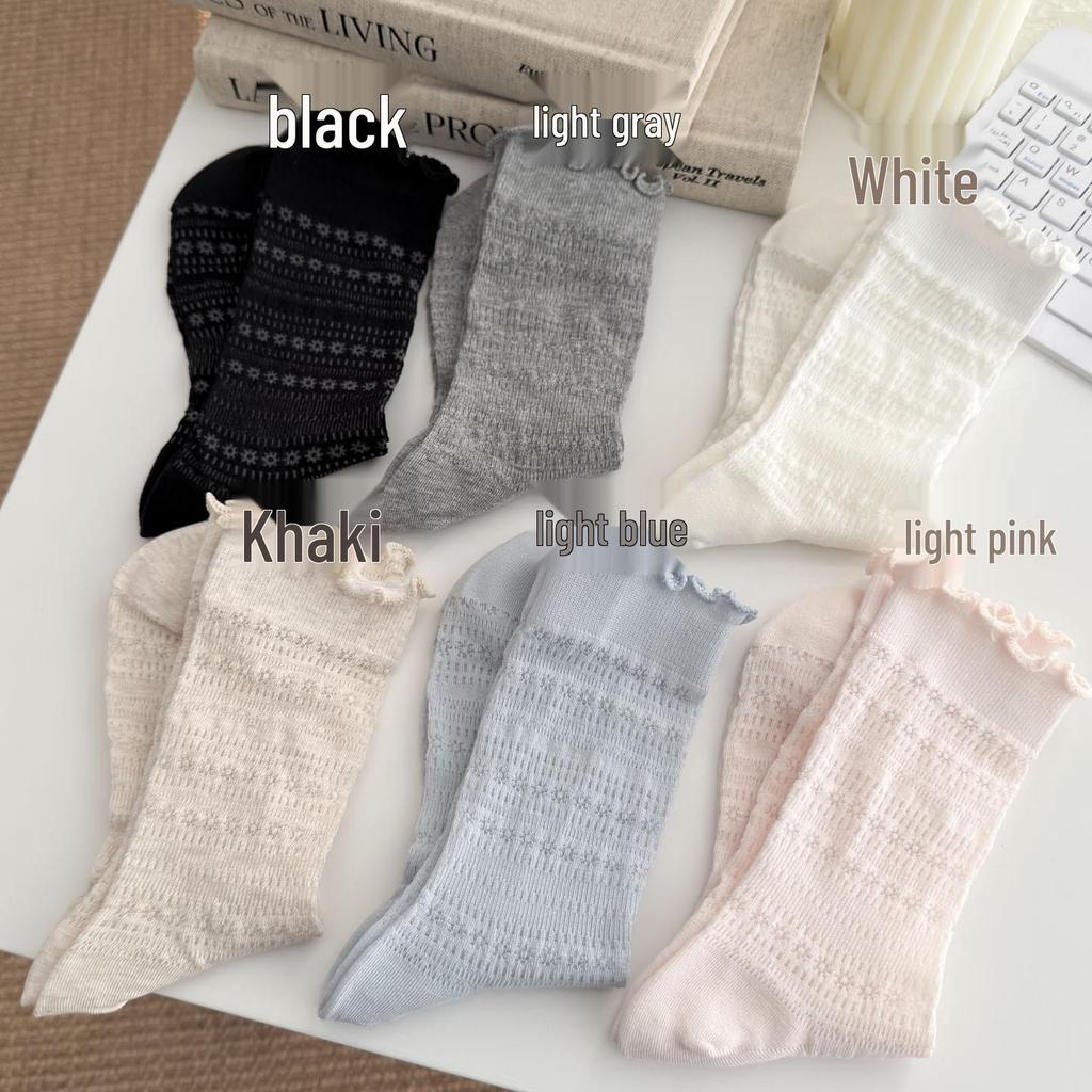 Ballet-Style Lace Mid-Calf Cotton Socks for Women - Trendy Korean/Japanese Design, Hollow Breathable, Perfect for Spring and Autumn