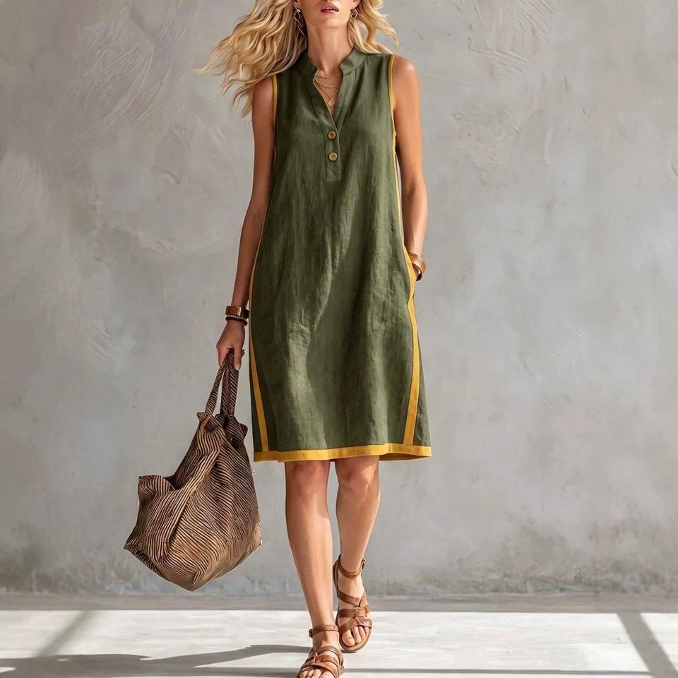 European and American summer new women's clothing women's V-neck sleeveless casual loose cotton and linen dress