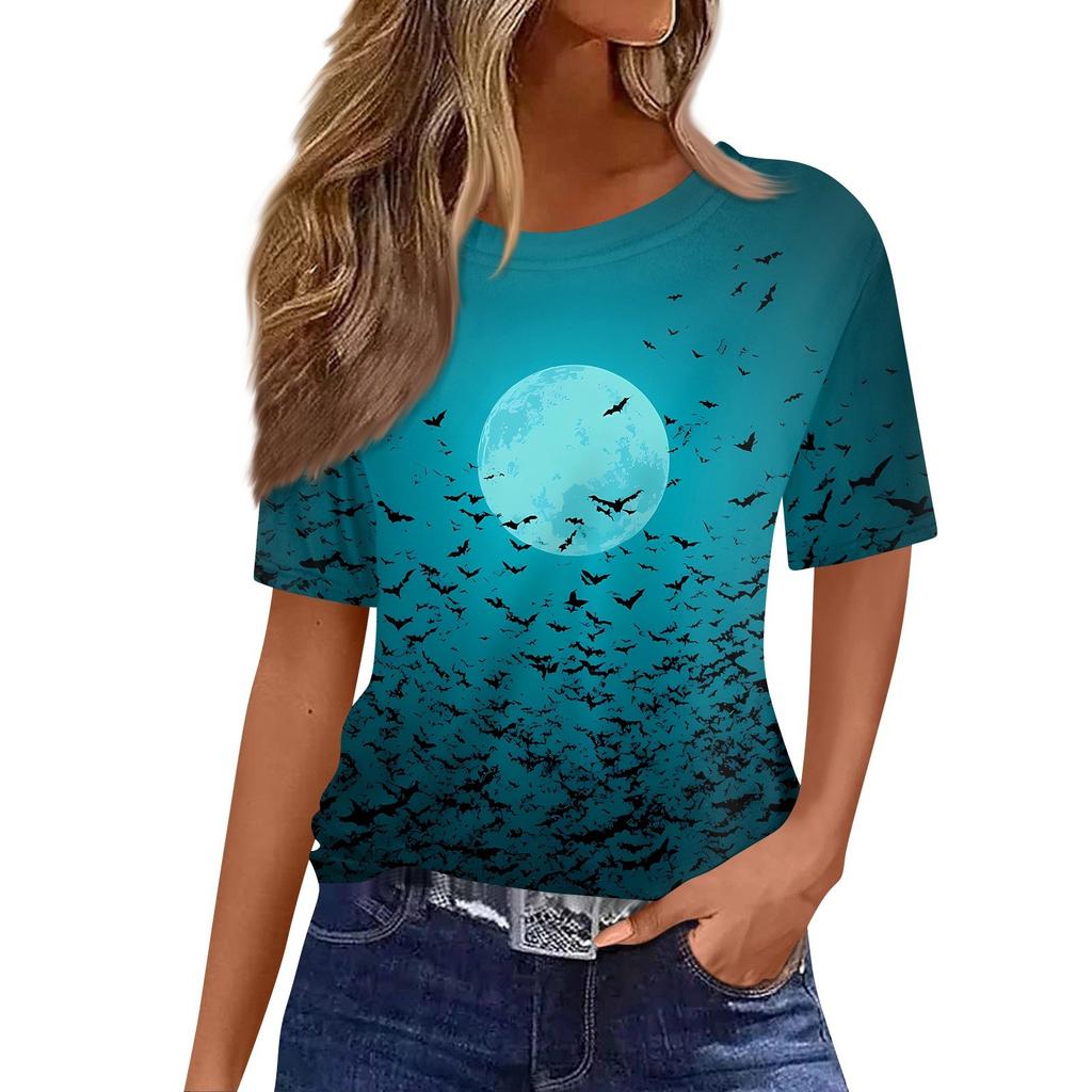 Modisches Lässiges Damen-Pullover-Oberteil mit Kurzarm und Halloween-Print, Rundhals