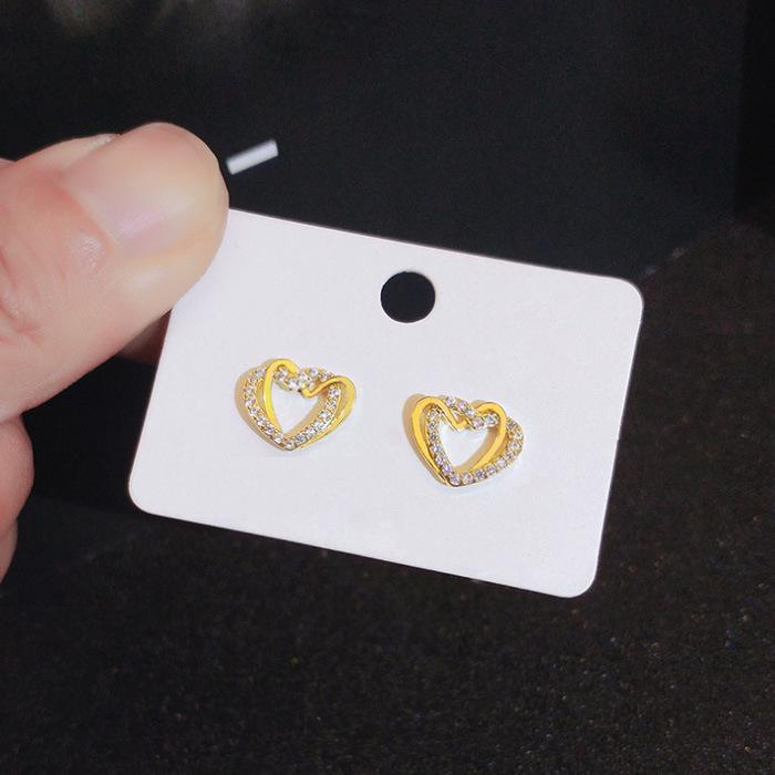 Design Sense Gold Double Heart Stud Earrings Trendy Simple Small Earrings Wedding Date Earrings