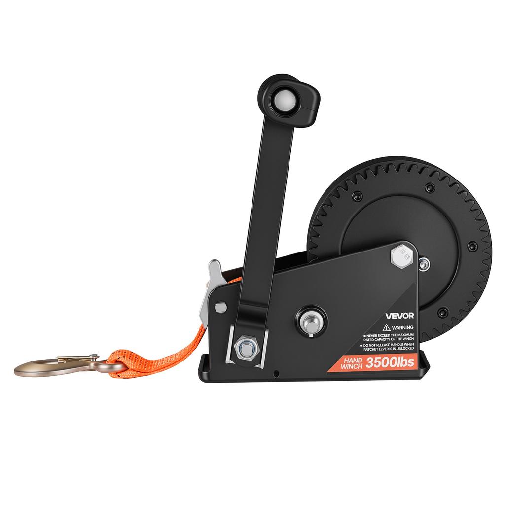 VEVOR Boat Winch, 1588 kg Hand Winch, Heavy Duty Manual Rope Crank with 6.1m Orange Polyester Strap, Portable Two-Way Ratchet, 2 Speed Switchable