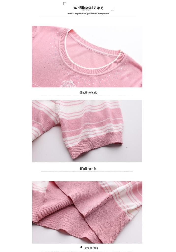 Summer Striped Ice Silk Round-Neck Top for Middle-Aged & Elderly Women - Stylish Short-Sleeved Mother's Day Sweater