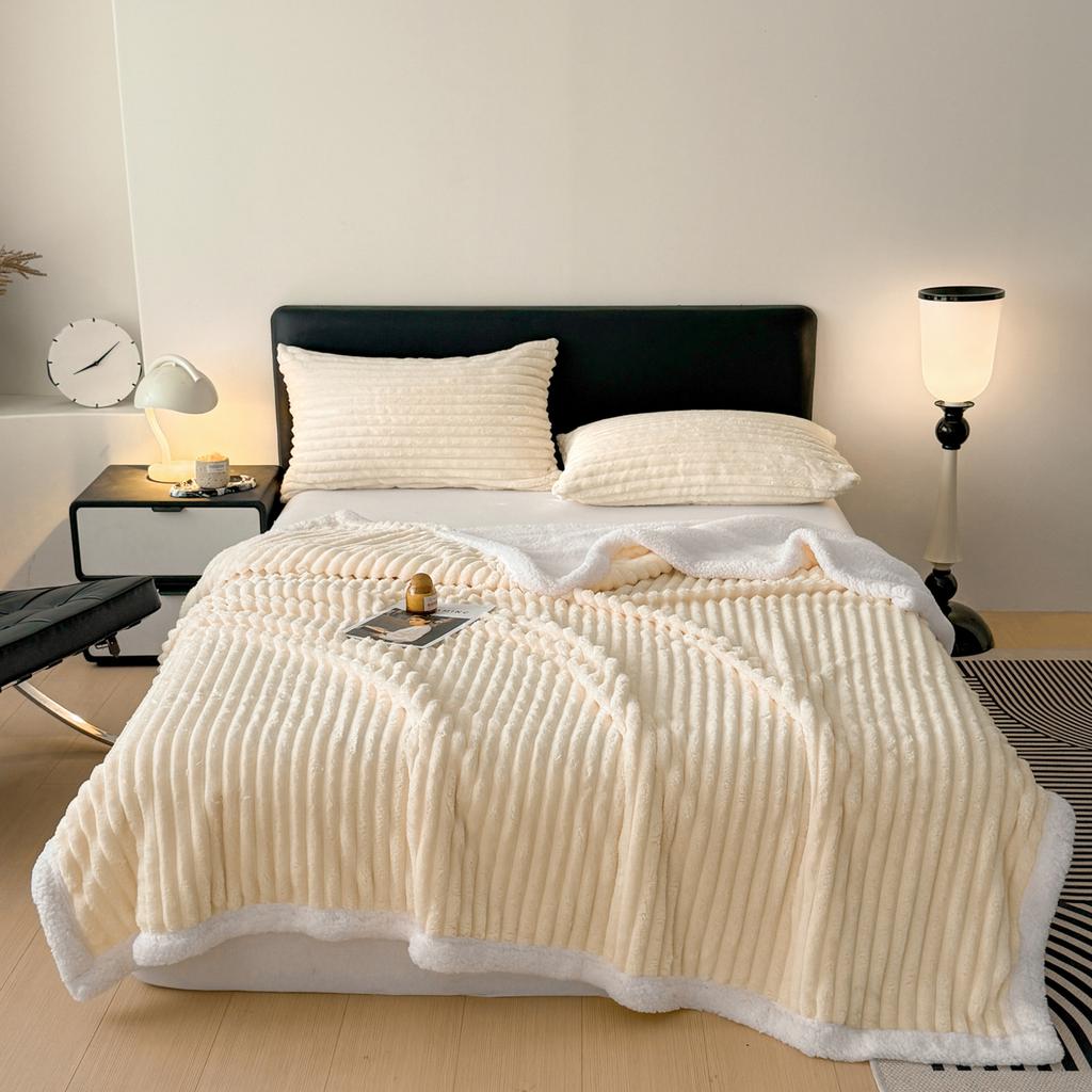 Wide Striped Double Layer Artificial Wool Blanket Spring Autumn Warm Fleece Throw Blanket For Bed Sofa Cozy Soft Plush Blankets