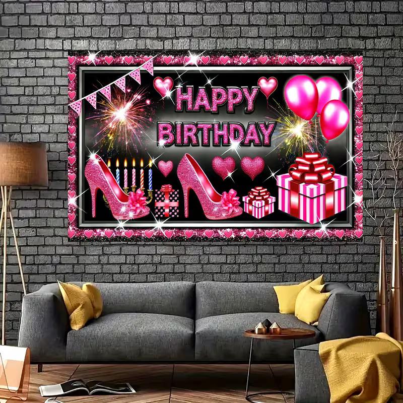 Sparkly Pink Birthday Tapestry, Glam Design with Glitter High Heels, Presents and Fireworks, Chic Party Wall Art