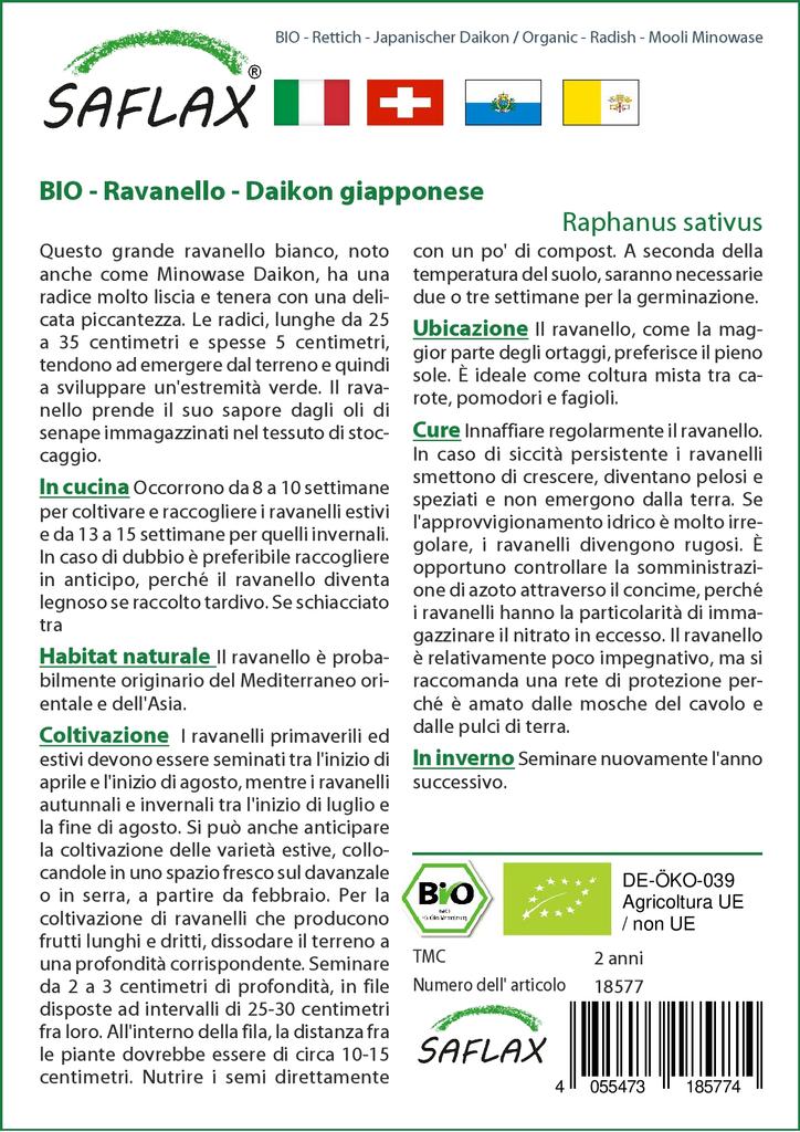 SAFLAX Dárková sada - Bio - Ředkev - Mooli Minowase - 100 semen - S dárkovou krabičkou, kartou, štítkem a substrátem - Raphanus sativus