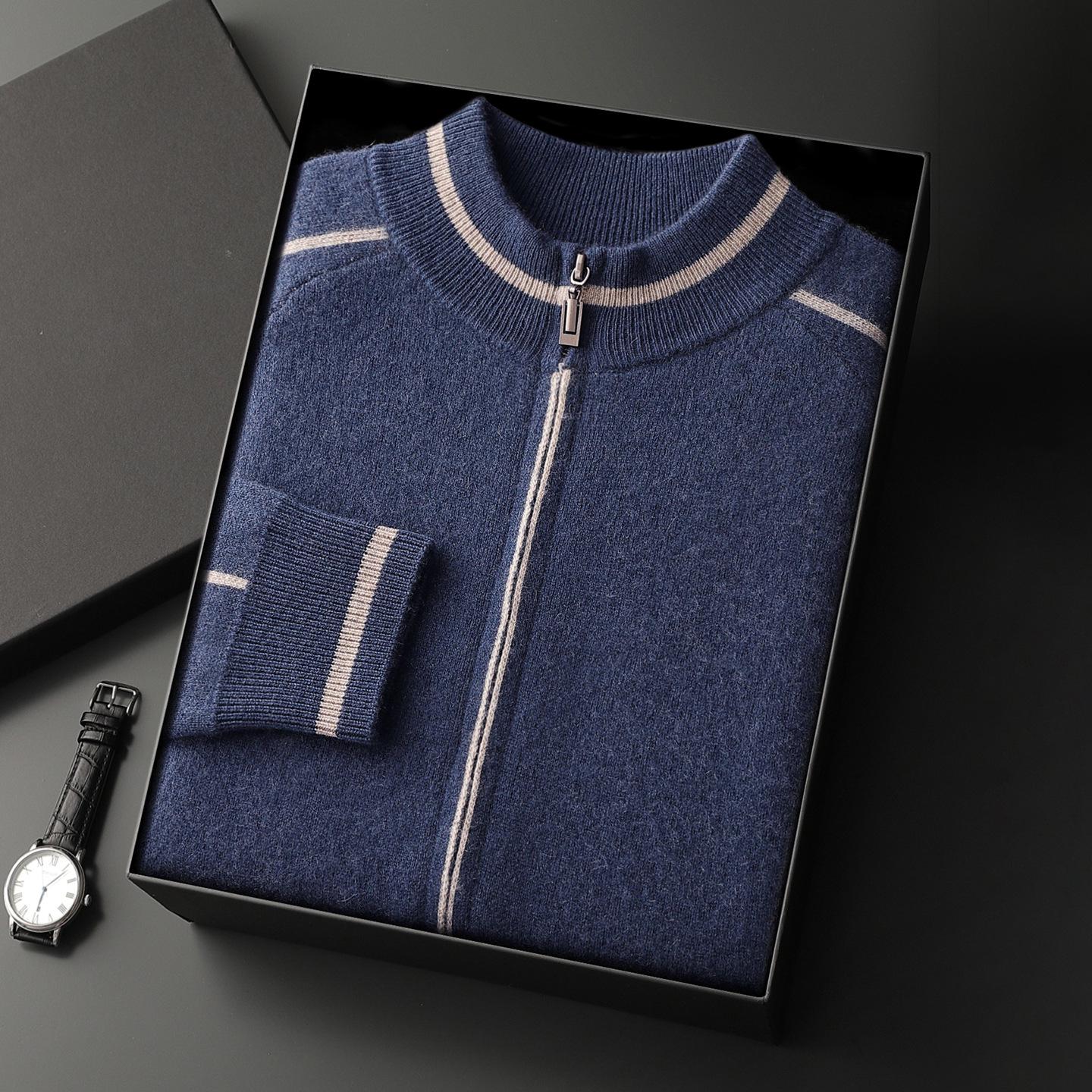 Мужской премиальный кардиган на молнии из жаккардового кашемира - Утепленный шерстяной трикотаж для осени/зимы, стиль Business Casual с воротником-стойкой XL