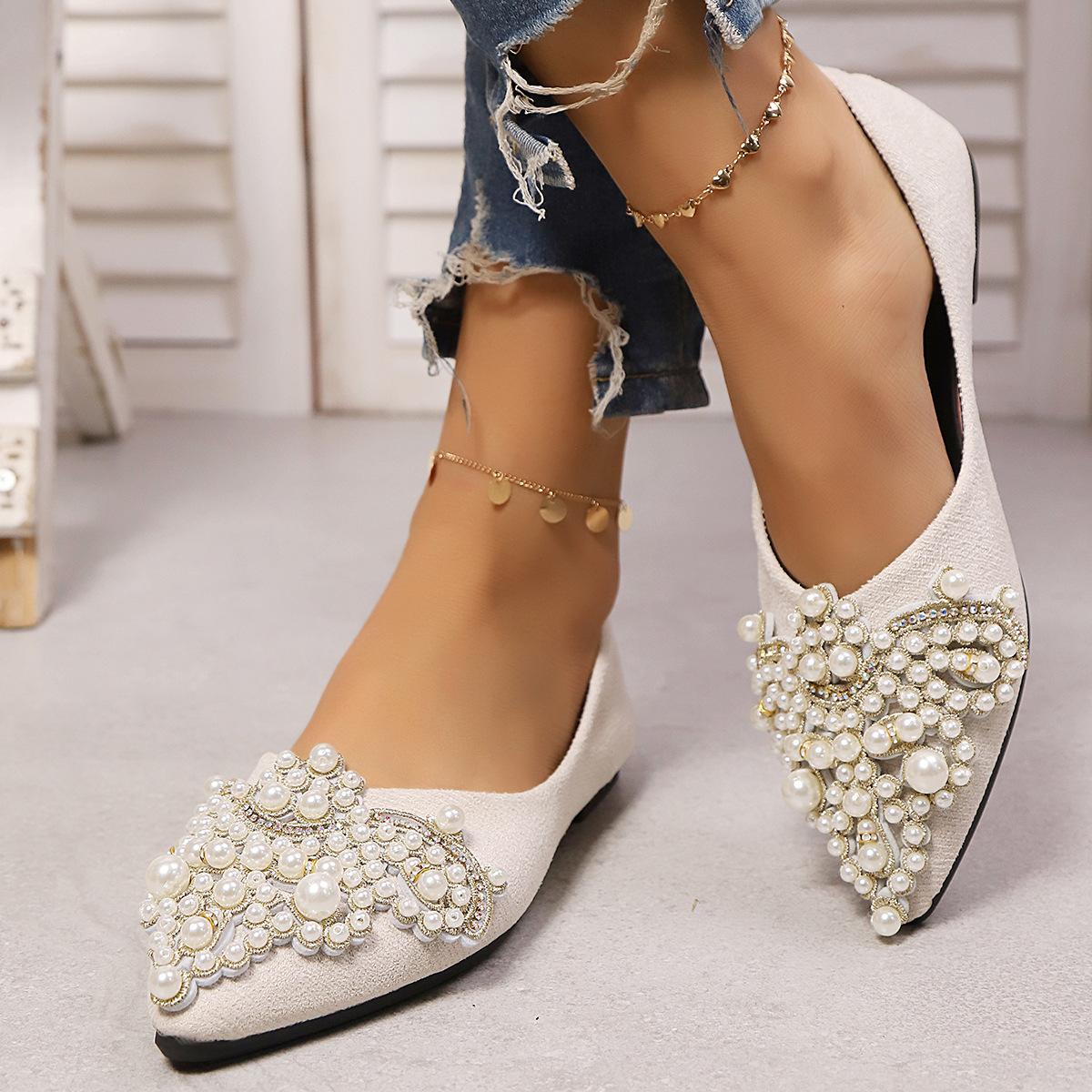 

Новые свадебные туфли Crown Pearl Soft Flats с острым носком, женские туфли на низком каблуке с жемчугом, модные женские туфли класса люкс размера плюс 43 39 бежевый