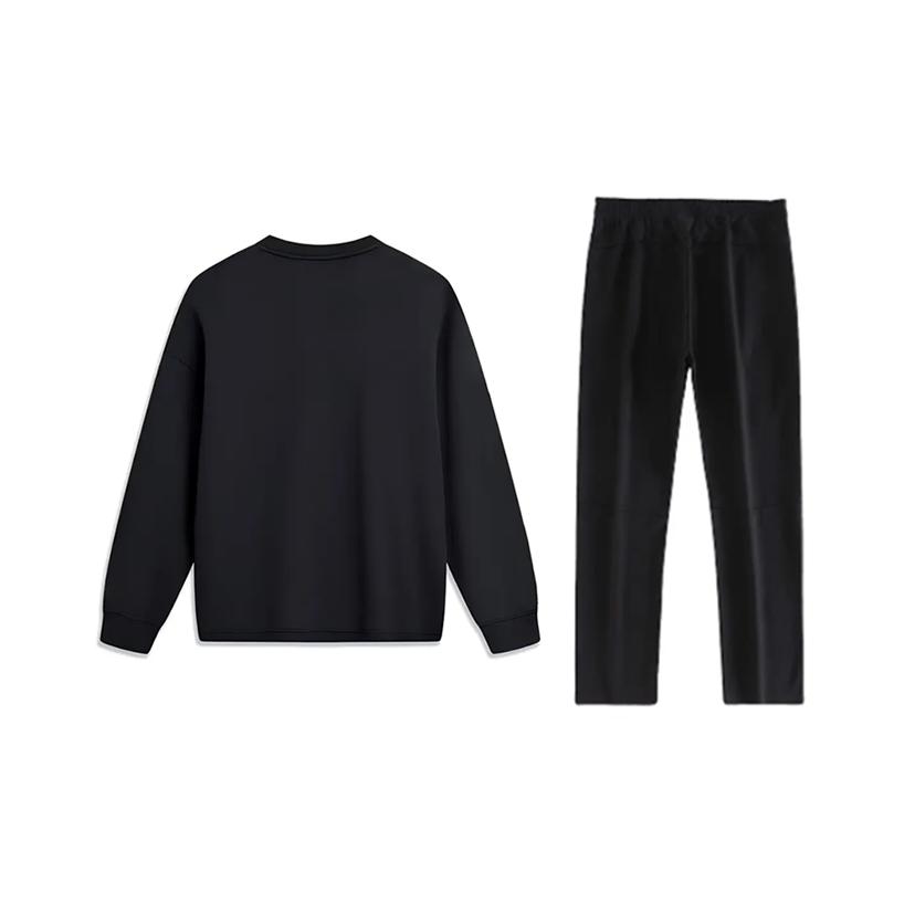 Li-Ning Plain Simple Comfortable Breathable Loose Fit Crew Neck Long Sleeve T-Shirt Casual Sports Set Unisex Tops Black YTLU051-1+AKLU881-1