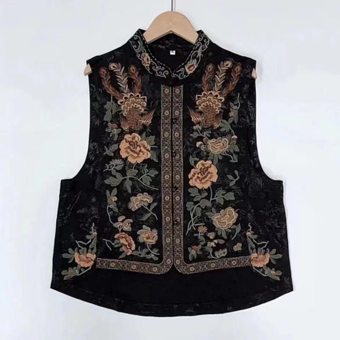 

Spring/Summer Chinese Ethnic Stand Collar Embroidered Linen Vest - National Style Retro Sleeveless Jacket Cardigan 2XL [Recommended 115-135 Jin]