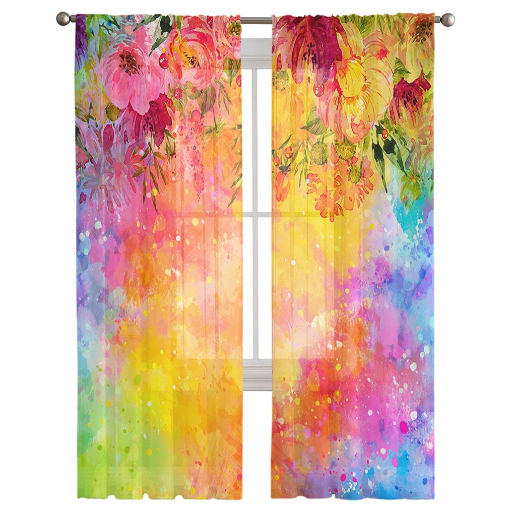 Transparente Vorhänge für Jugendzimmer, Aquarellblumen, farbenfrohe Vorhänge für Küche, Arbeitszimmer, Wohnzimmer, Urlaubsdeko, Tüllvorhänge