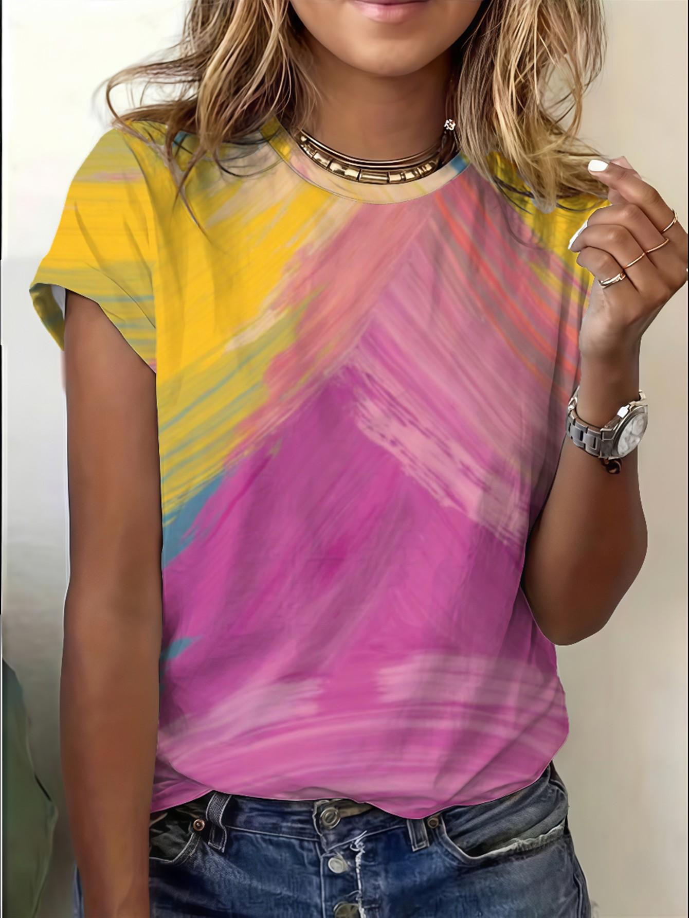 Women s loose-fitting crew neck T-shirt featuring a vibrant abstract art print XXS