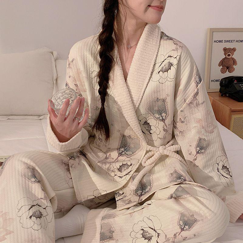 Plus Size Maternity Kimono Pajamas - Autumn/Winter Cotton for Postpartum & Breastfeeding